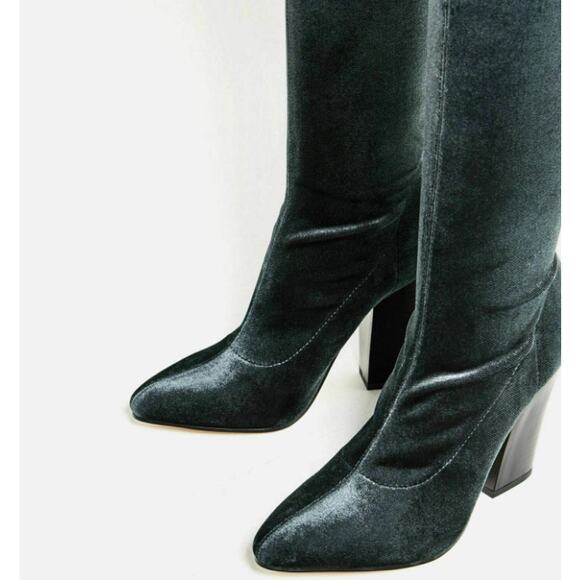 ZARA Over the Knee Boots Stretch Velvet Pointed Toe Block High Heel Blue/ Gray - Picture 6 of 15